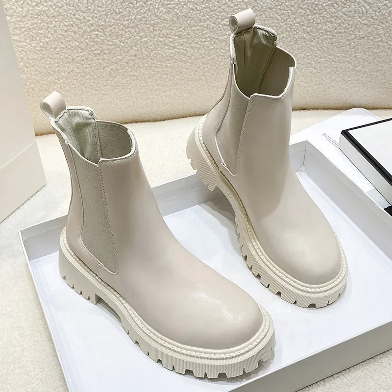 Botines Chelsea gruesos para mujer - Botines de caña corta con suela gruesa para uso diario en otoño e invierno