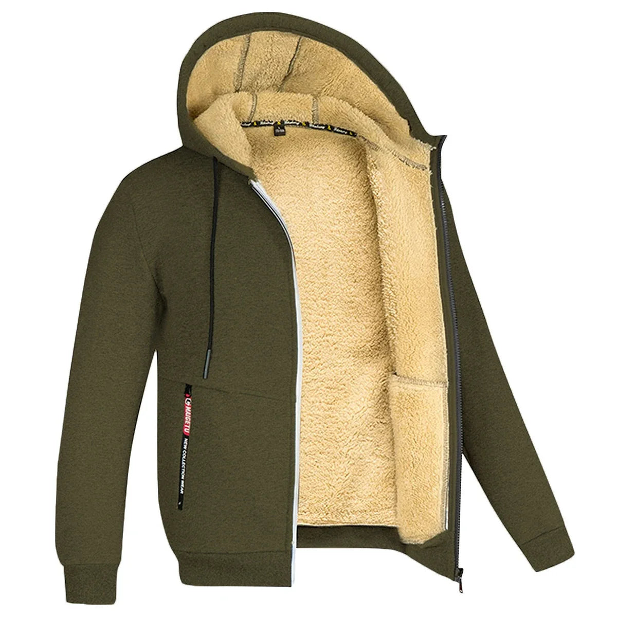 Veste polaire à capuche en peluche pour homme - couche d'hiver épaisse zippée avec poignets côtelés