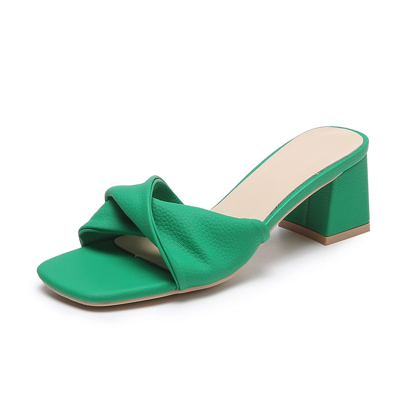 Women’s Block Heel Mule Sandals Twisted Strap Open Toe Elegant Slip On Heels