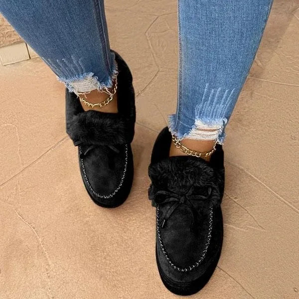 Vintermokkasiner til kvinder med plysfor - slip-on-platformloafers med imiteret pelskant