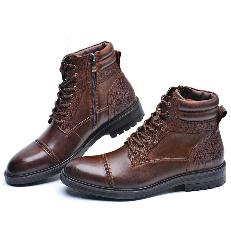 Men’s Leather Boots with Side Zipper and Laces – Durable Brown Work-Inspired Boots for Casual, Outdoor and Smart-Casual Wear