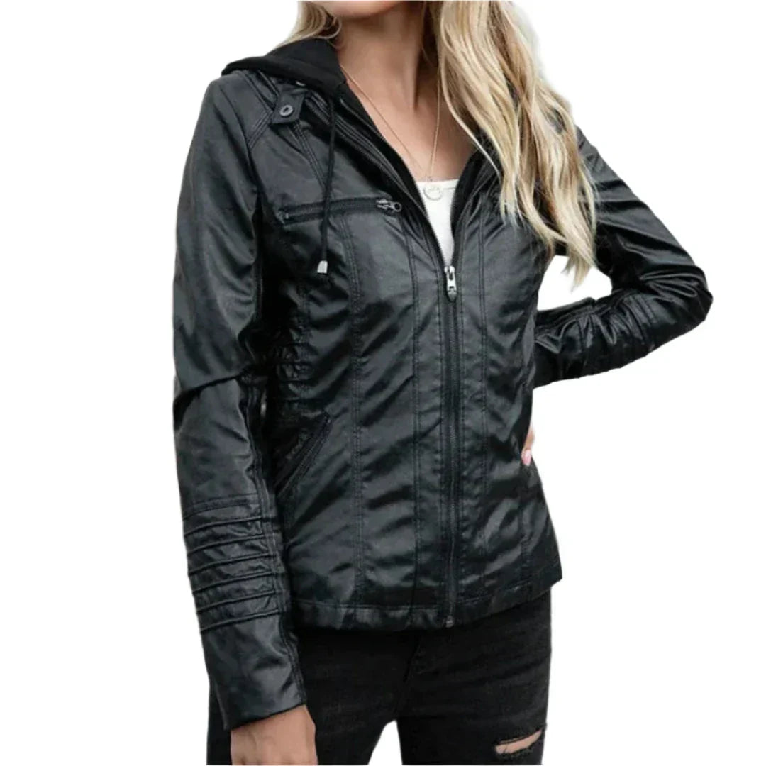 Damesjas met capuchon in lederlook en ritsdetails - getailleerd silhouet voor dagelijks gebruik en styling in het tussenseizoen
