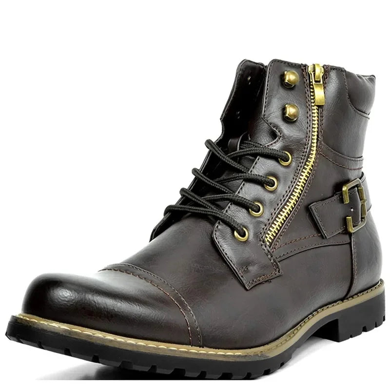 Men’s Rugged Leather Boots with Buckle and Laces | Durable, Stylish Outdoor Footwear
