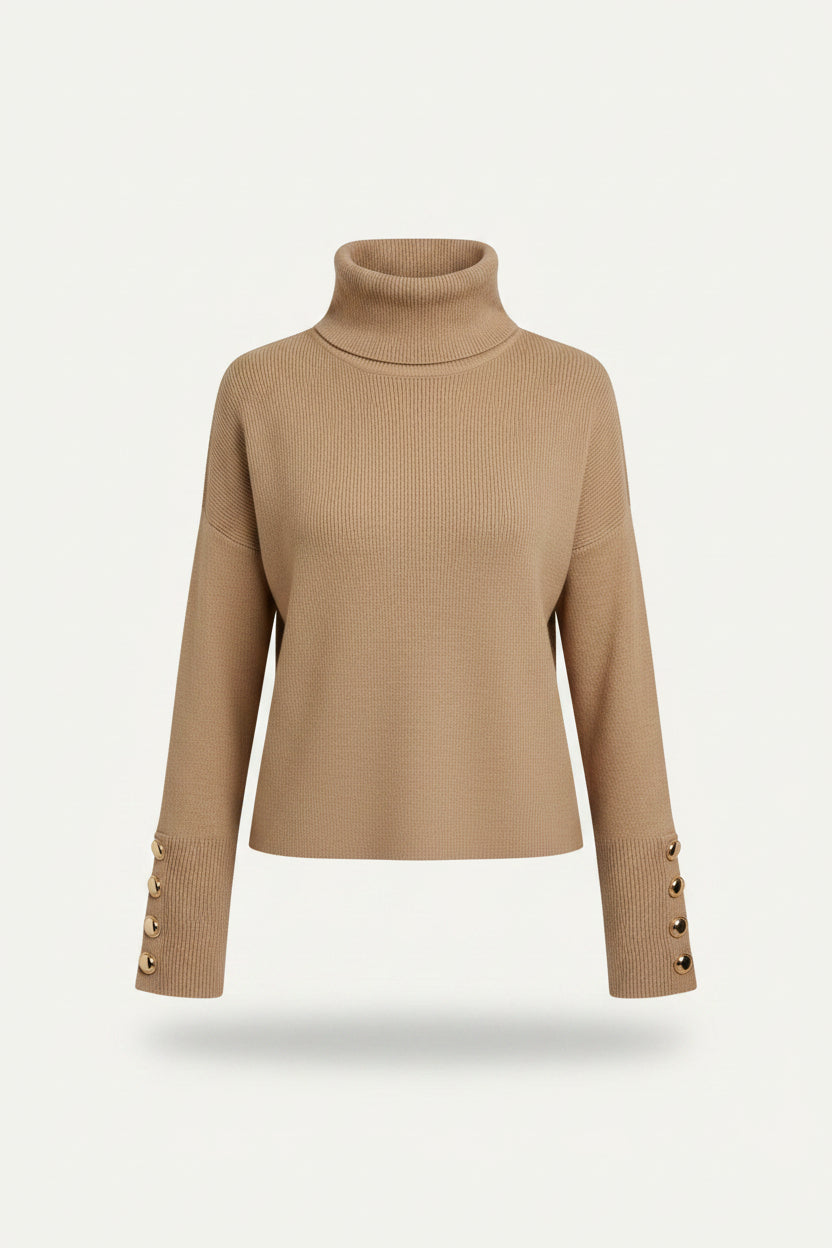 Damen-Rollkragenpullover aus Rippstrick mit Knopfdetail am Ärmel