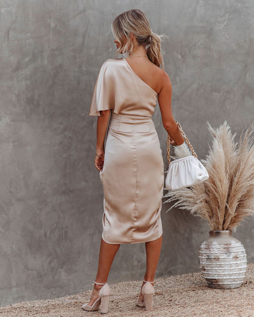 Dame Satin Midi Kjole Asymmetrisk Én Skulder Rynket Pasform