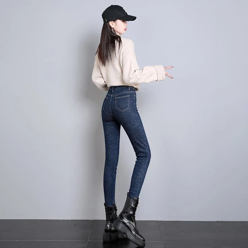 Pantalones vaqueros cálidos para mujer, forrados de forro polar, con cintura alta y corte elástico - Pantalones largos de invierno, gruesos y aislantes, con interior suave y afelpado, para disfrutar de una comodidad informal diaria en climas fríos