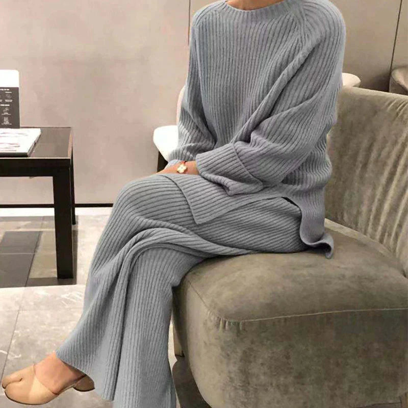 Women’s Ribbed Sweater and Wide-Leg Trouser Set – Cosy Two-Piece Winter Outfit