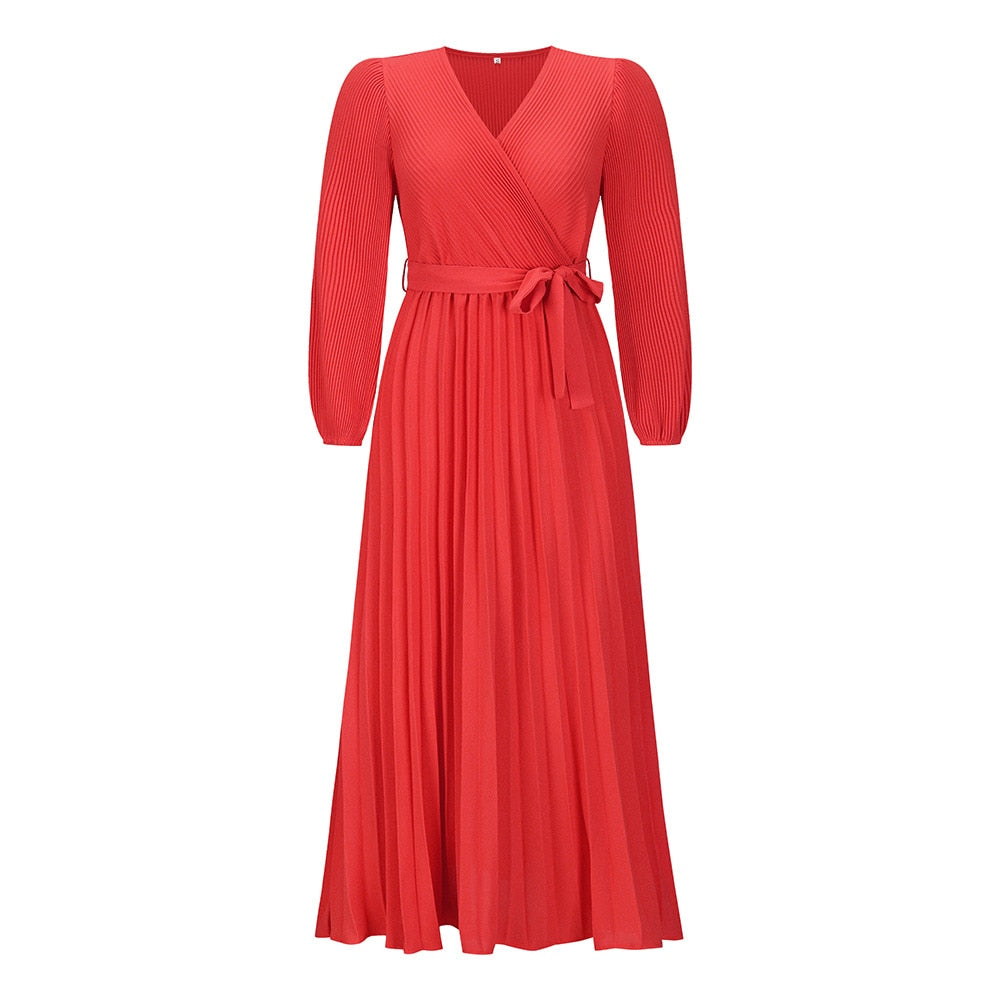 Women’s Maxi Dress Pleated Wrap Waist Tie Long Sleeve