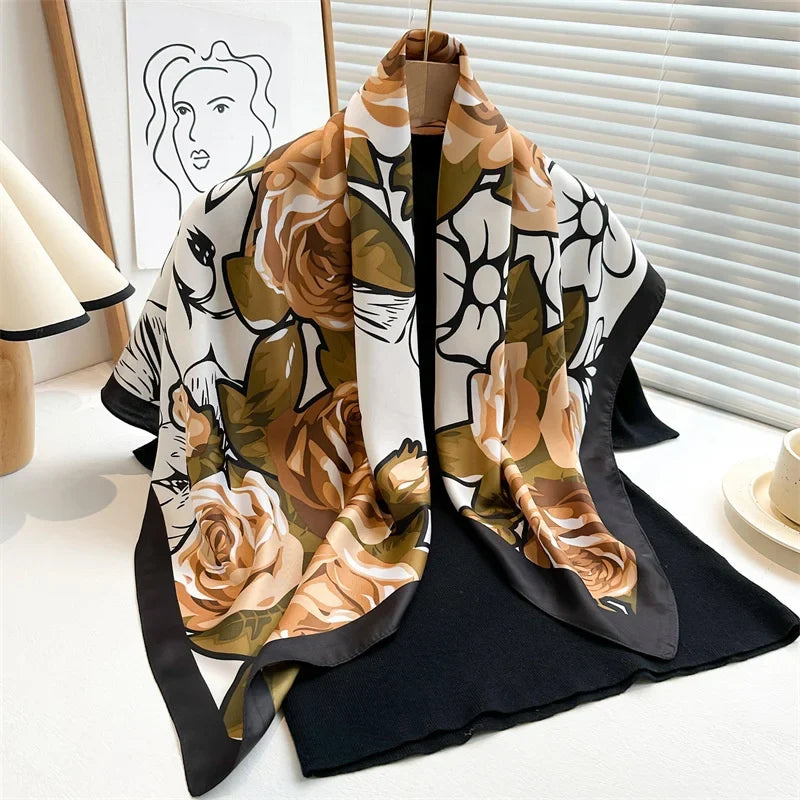 Foulard carré pour femme au toucher satiné - Écharpe légère imprimée à porter autour de la tête ou du cou, pour un style élégant en toute saison