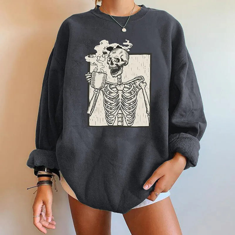 Women’s Skeleton Coffee Graphic Sweatshirt – Relaxed Halloween Pullover for Casual Autumn Wear