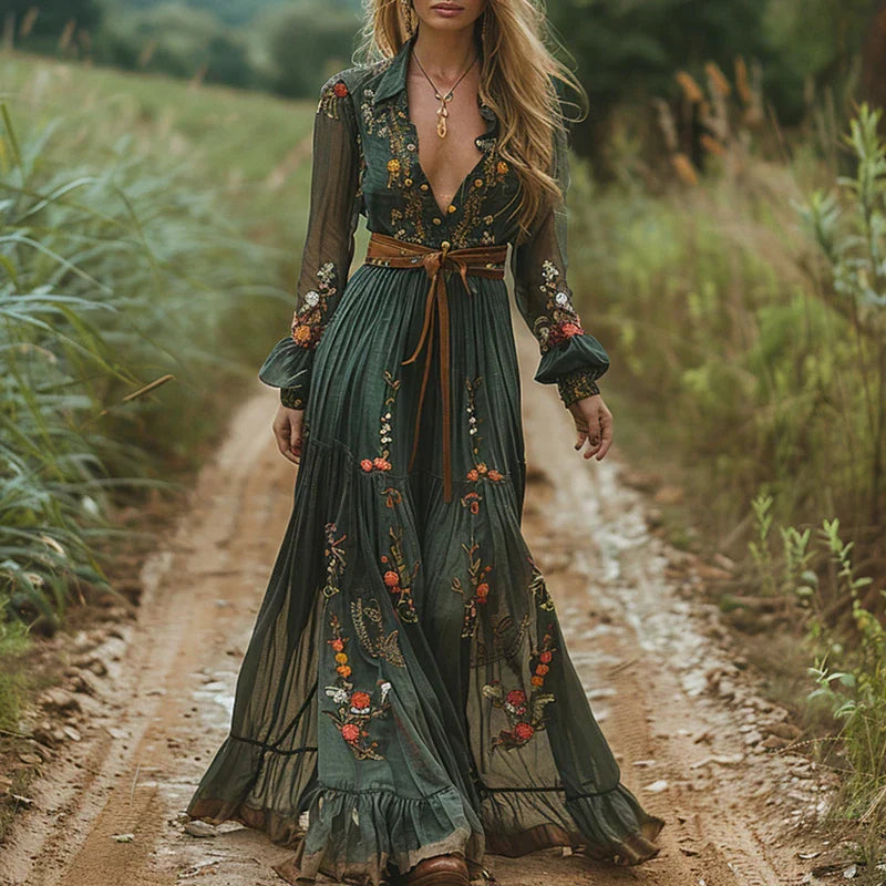 Damska haftowana sukienka maxi w stylu boho z przezroczystymi rękawami na wieczór