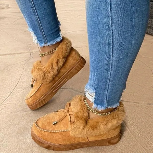 Vintermokkasiner til kvinder med plysfor - slip-on-platformloafers med imiteret pelskant