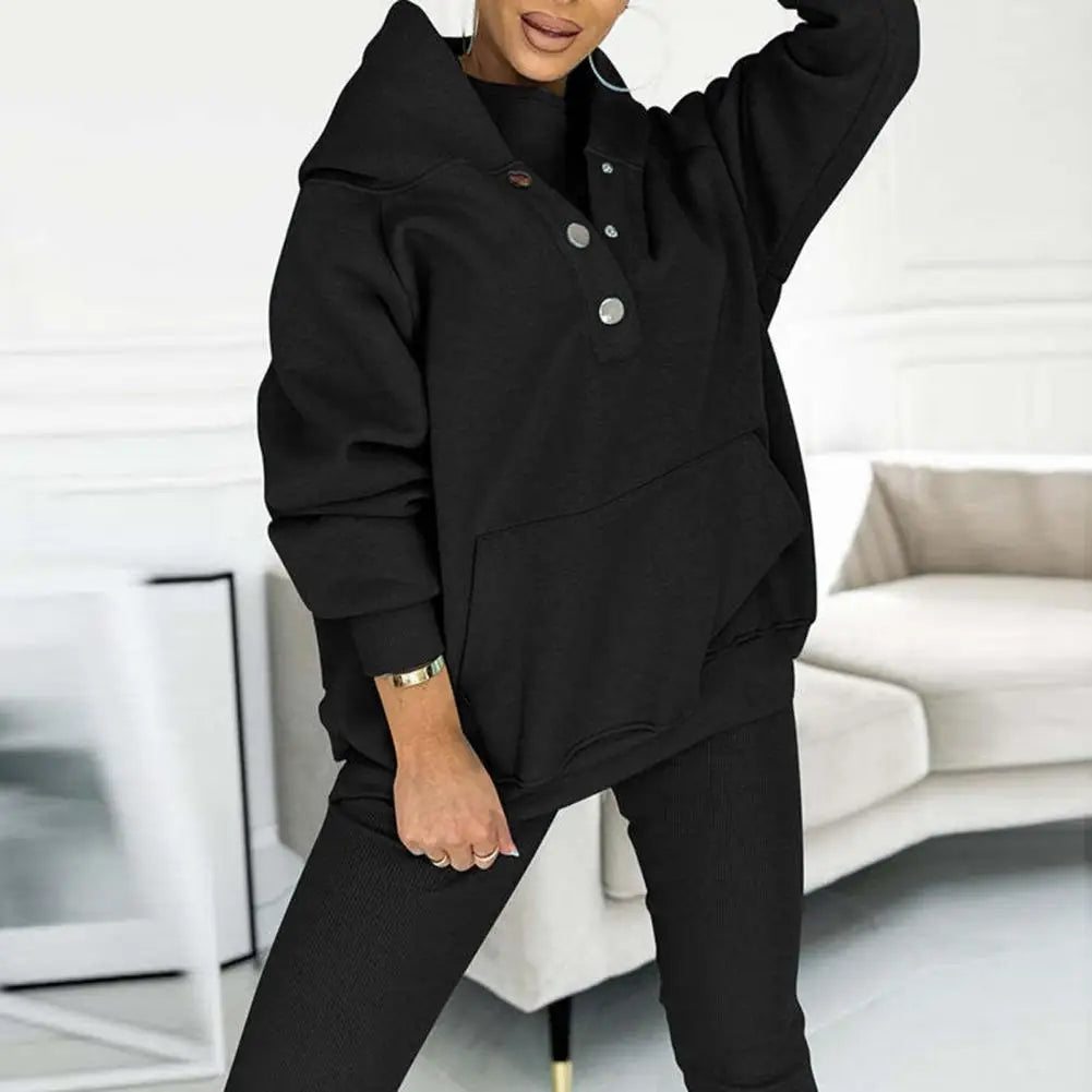 Dameshoodie met knoopsluiting bij de hals en legging-set – Ontspannen casual outfit met twee delen
