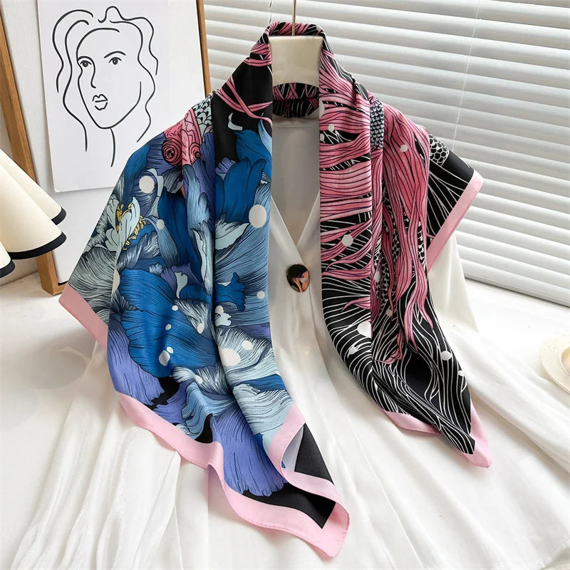 Foulard carré pour femme au toucher satiné - Écharpe légère imprimée à porter autour de la tête ou du cou, pour un style élégant en toute saison