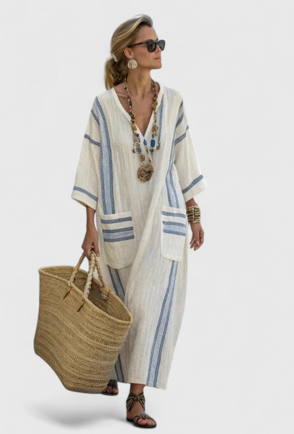 Women’s Oversized Striped Kaftan V Neck Maxi Dress