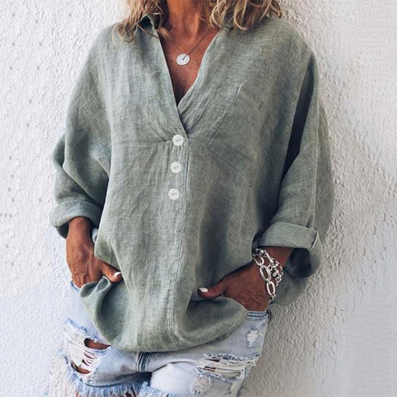Blusa da donna in lino dalla vestibilità morbida – Modello a pipistrello con bottoni sul davanti, ideale per le giornate calde