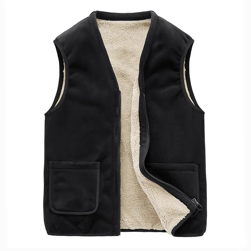 سترة شتوية رجالية مبطنة بالصوف - طبقة دافئة بلا أكمام بسحاب وجيوب عملية