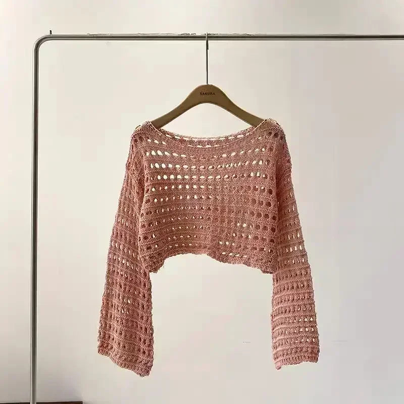 Top corto de punto de crochet para mujer, con mangas largas y anchas - Capa ligera y holgada para las vacaciones de verano