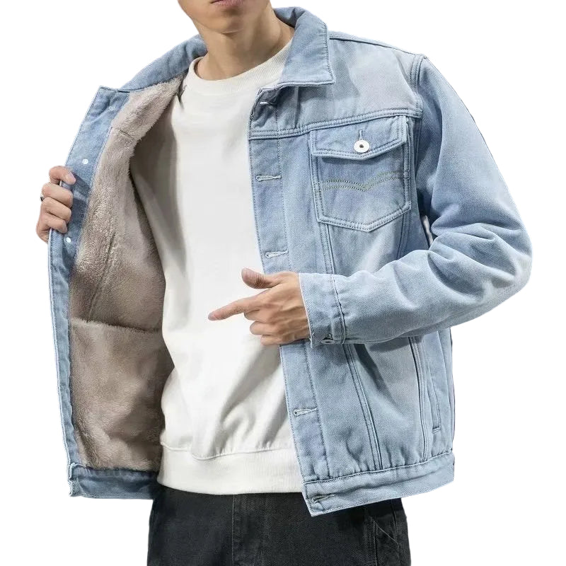 Giacca trucker da uomo in denim con fodera in pile – Strato caldo con chiusura frontale a bottoni e vestibilità comoda per tutti i giorni