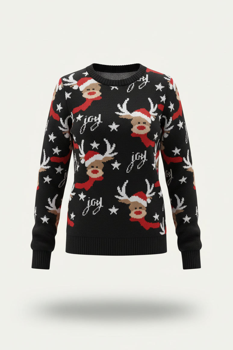 Women’s Holiday Pattern Sweater – Playful Crew Neck Knit for Christmas Events
