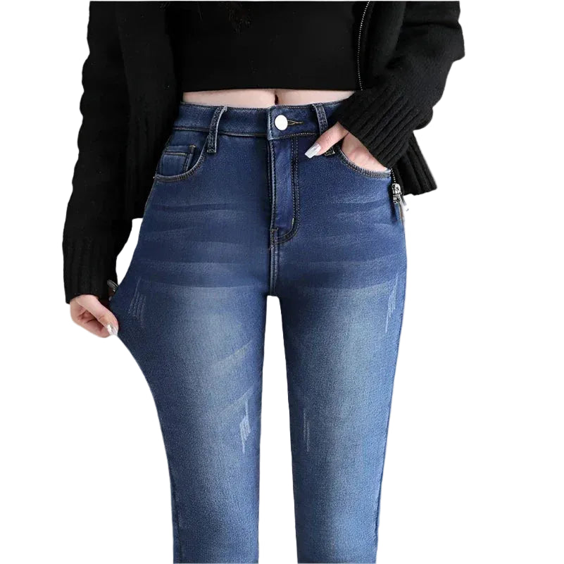 Pantalones vaqueros cálidos para mujer, forrados de forro polar, con cintura alta y corte elástico - Pantalones largos de invierno, gruesos y aislantes, con interior suave y afelpado, para disfrutar de una comodidad informal diaria en climas fríos