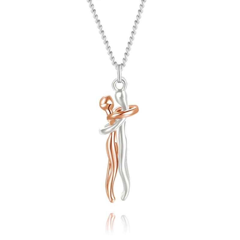 Women’s Embrace Pendant Necklace – Two-Tone Polished Metal Chain with Hugging Figure Charm for Everyday Wear and Meaningful Gifting