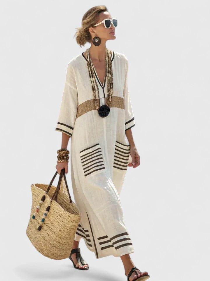Women’s Oversized Striped Kaftan V Neck Maxi Dress