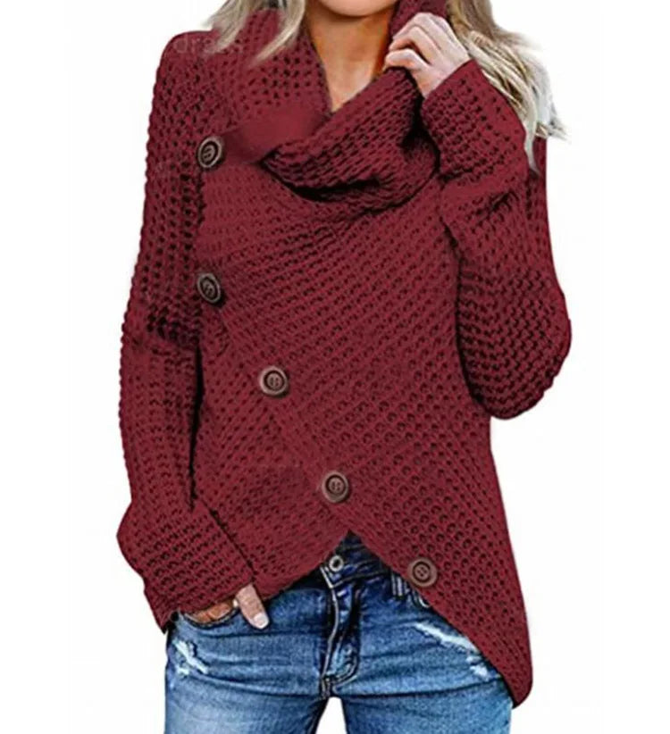 Women's Chunky Knit Turtleneck Sweater with Asymmetric Button Front and Oversized Cowl Neck – Relaxed Fit Textured Long Sleeve Pullover with Draped Hem for Cosy Autumn and Winter Casual Wear