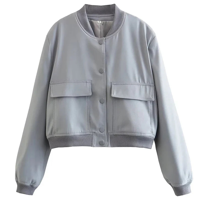 Women’s Relaxed Fit Bomber Jacket – Cropped Snap-Front Layer for Autumn and Winter Casual Wear