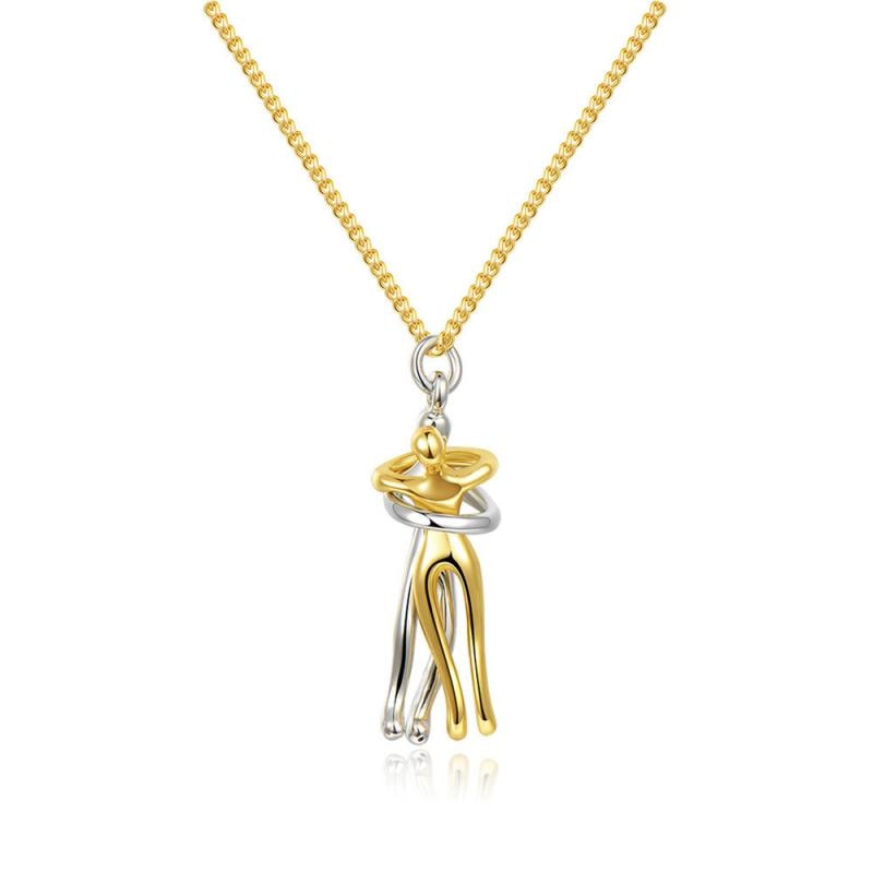 Women’s Embrace Pendant Necklace – Two-Tone Polished Metal Chain with Hugging Figure Charm for Everyday Wear and Meaningful Gifting