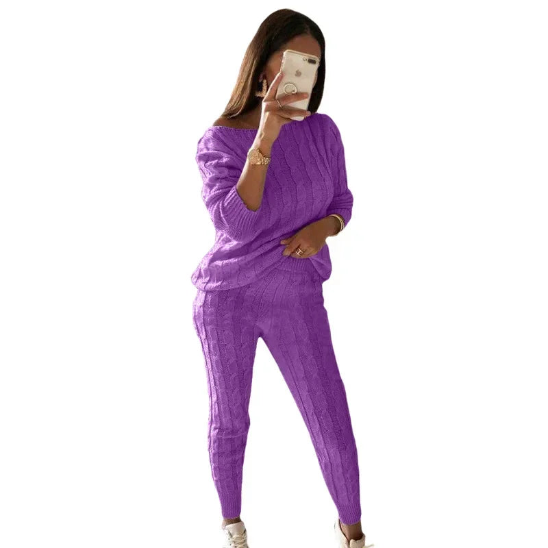 Ensemble pour femme composé d'un pull en maille torsadée et d'un pantalon de jogging à col large - Tenue d'intérieur décontractée deux pièces avec pantalon à poignets pour l'automne et l'hiver