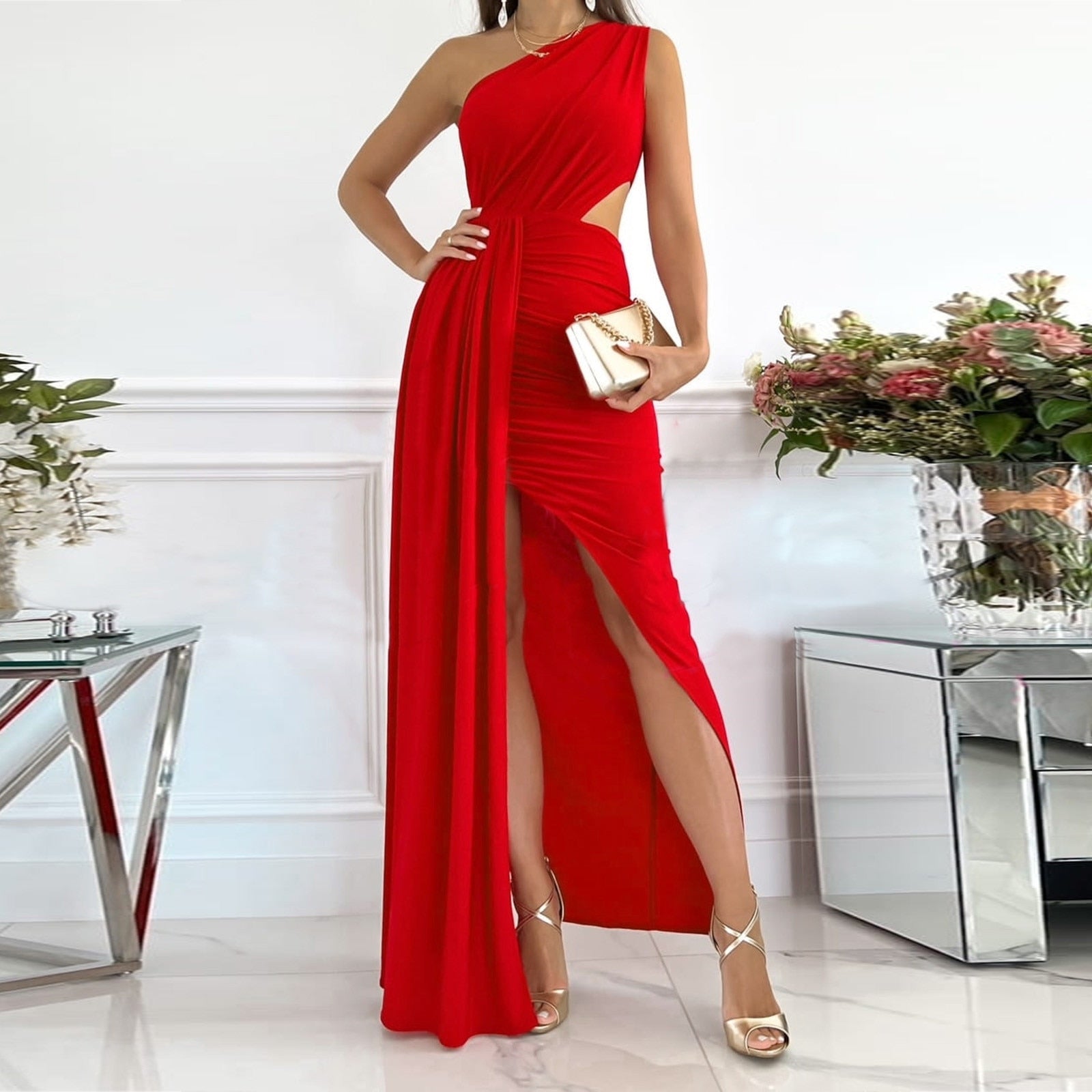 Women’s One Shoulder Maxi Dress Draped Waist Split Evening Gown