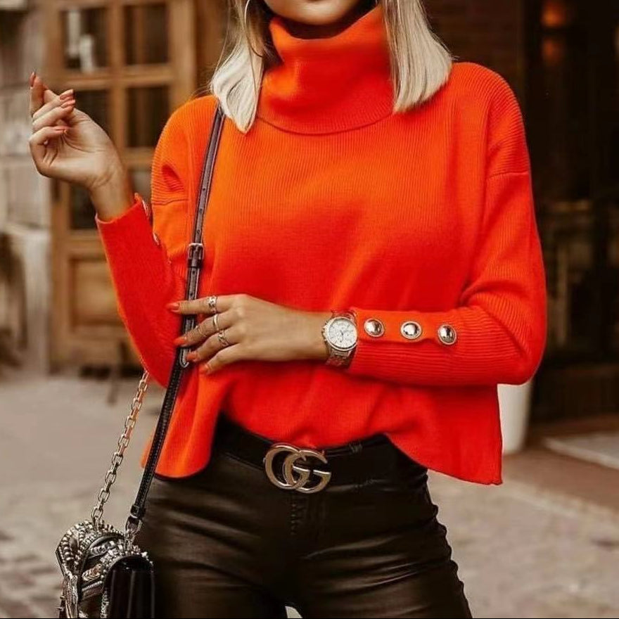 Women’s Ribbed Turtleneck Sweater Button Sleeve Detail Knit Top