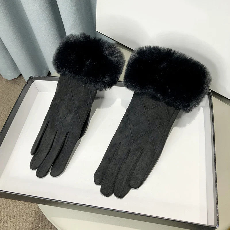 Women’s Suede Touchscreen Winter Gloves – Faux-Fur Cuff Fleece-Lined Windproof Full-Finger Cold-Weather Gloves