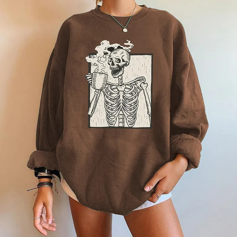 Women’s Skeleton Coffee Graphic Sweatshirt – Relaxed Halloween Pullover for Casual Autumn Wear