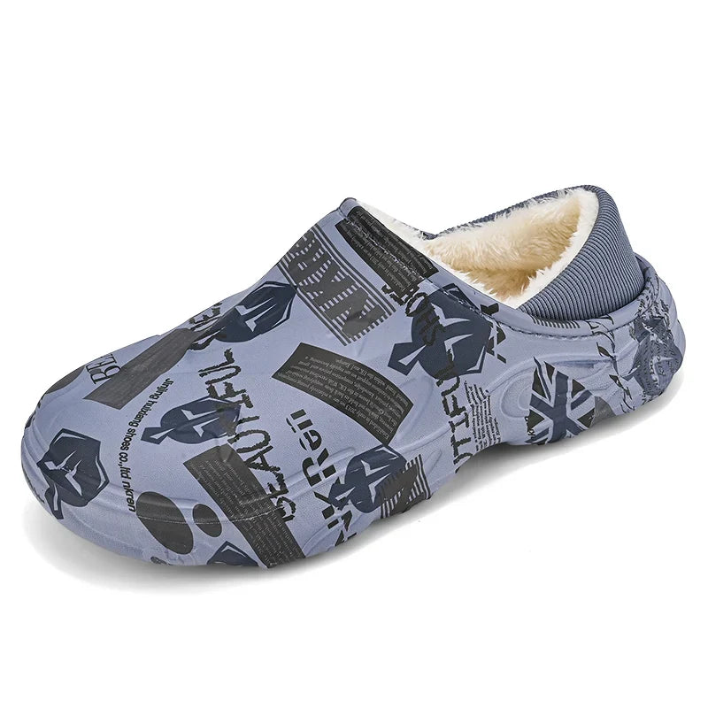Men’s Fleece-Lined Clog Slippers – Printed Closed-Toe Winter Shoes with Supportive Sole