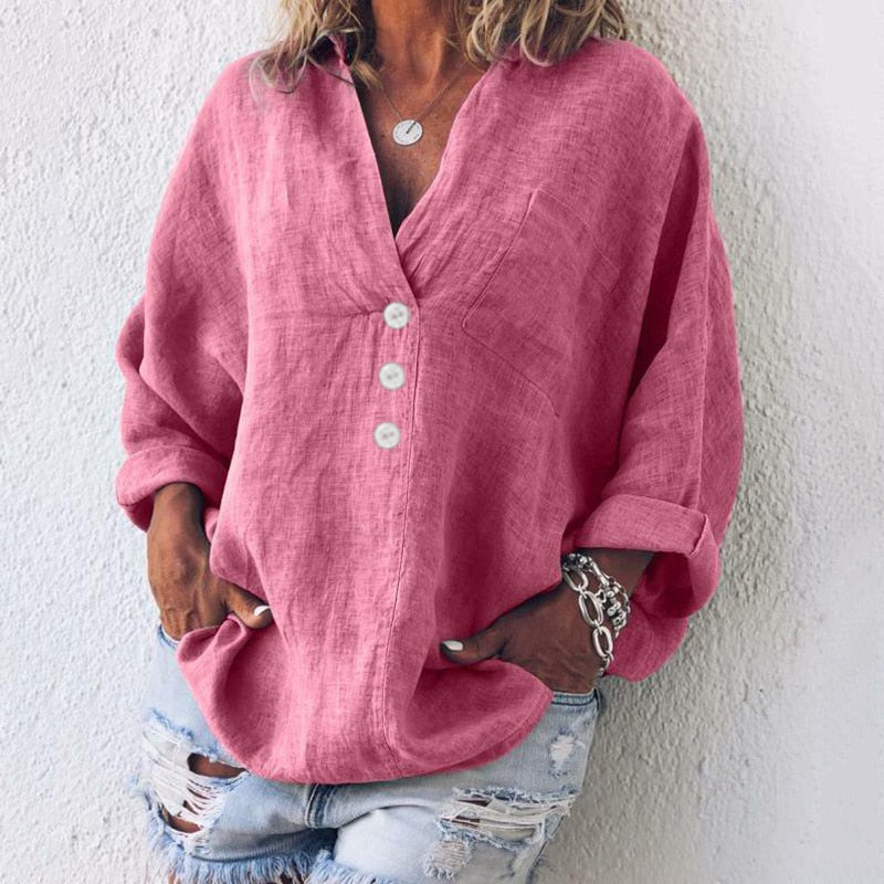 Blusa da donna in lino dalla vestibilità morbida – Modello a pipistrello con bottoni sul davanti, ideale per le giornate calde