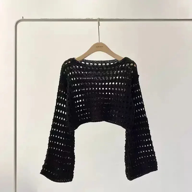 Top corto de punto de crochet para mujer, con mangas largas y anchas - Capa ligera y holgada para las vacaciones de verano