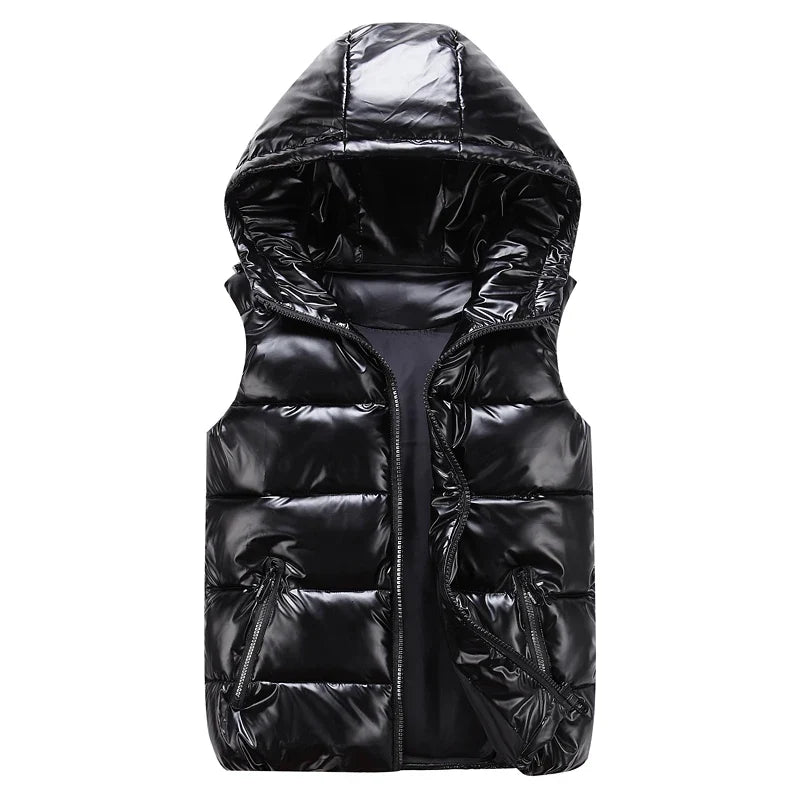 Men’s Glossy Cotton Puffer Gilet – Hooded Sleeveless Winter Layer with Zip Pockets