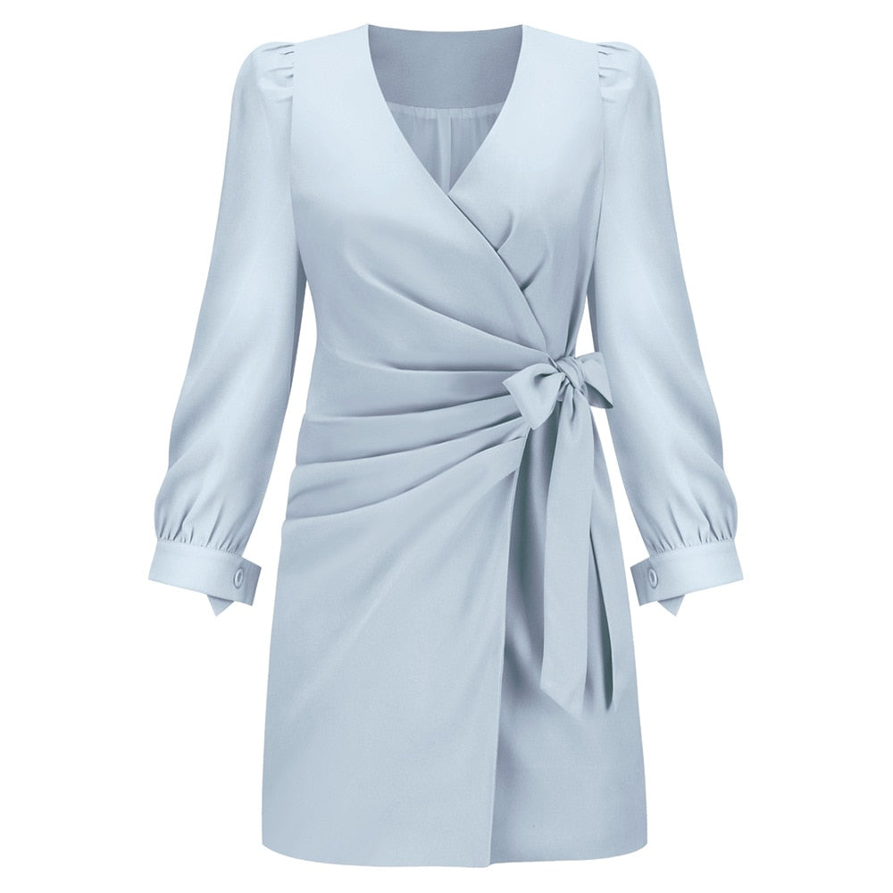 Women’s Wrap Mini Dress Long Sleeve V Neck Waist Tie