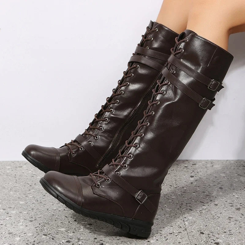 Bottes de combat d’hiver montantes jusqu’aux genoux en cuir pour femme, à lacets, avec brides à boucle et fermeture éclair latérale