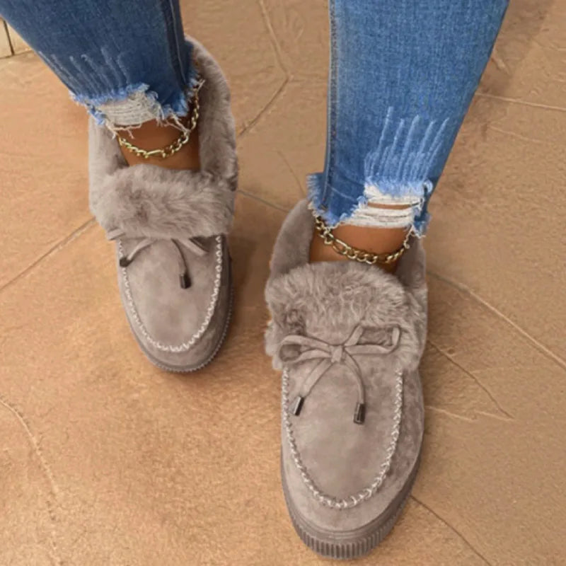 Vintermokkasiner til kvinder med plysfor - slip-on-platformloafers med imiteret pelskant