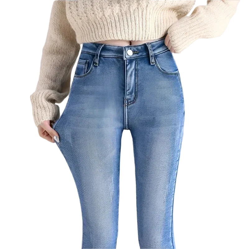 Pantalones vaqueros cálidos para mujer, forrados de forro polar, con cintura alta y corte elástico - Pantalones largos de invierno, gruesos y aislantes, con interior suave y afelpado, para disfrutar de una comodidad informal diaria en climas fríos