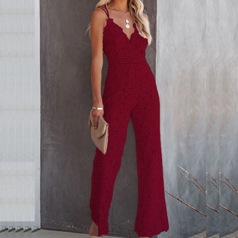 Mono de encaje para mujer, elegante, con escote en V y pierna ancha, conjunto para noche y ocasiones especiales