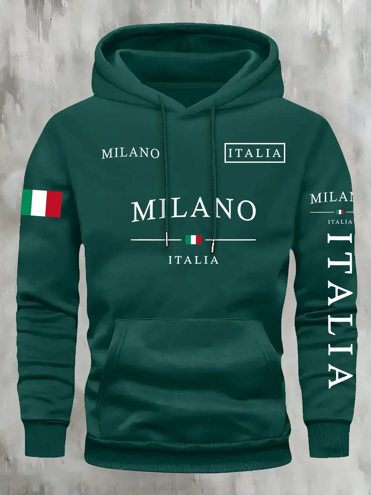 Unisex φούτερ με κουκούλα και γραφικό Milano Italia - άνετη μπλούζα τύπου pullover με ρυθμιζόμενη κουκούλα με κορδόνι και μπροστινή τσέπη καγκουρό