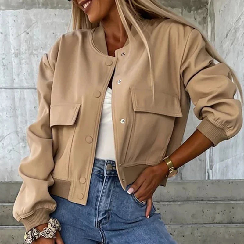 Women’s Relaxed Fit Bomber Jacket – Cropped Snap-Front Layer for Autumn and Winter Casual Wear