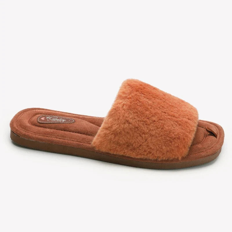 Bløde hjemmesko til kvinder - åbne slippers i imiteret pels med blød, polstret fodseng