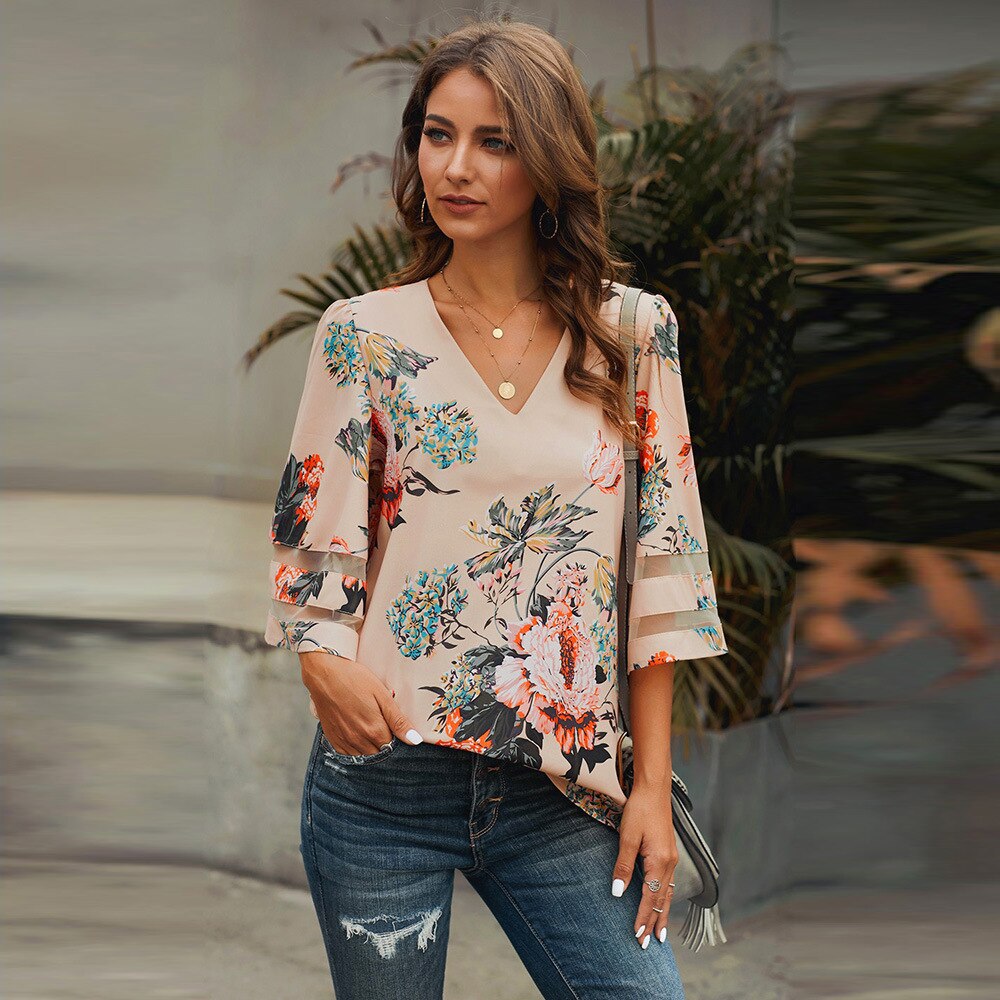 Bluză florală pentru femei, cu decolteu în V, ușoară, croială lejeră, mâneci 3/4