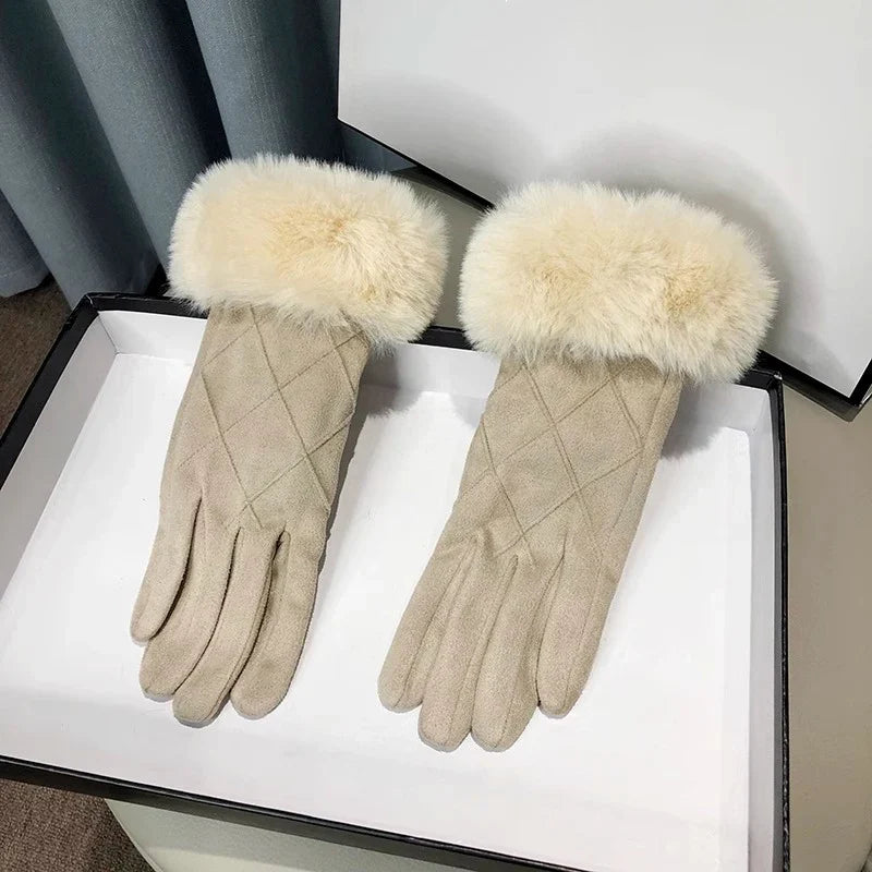 Women’s Suede Touchscreen Winter Gloves – Faux-Fur Cuff Fleece-Lined Windproof Full-Finger Cold-Weather Gloves