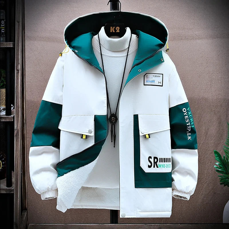 Men’s Plush-Lined Hooded Winter Jacket – Windproof Colour-Block Insulated Coat with Utility Pockets